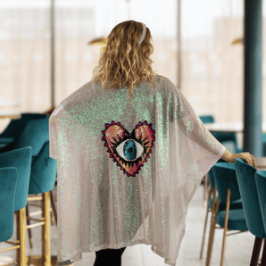 White Sequin Kimono with Heart and Eye Appliqué