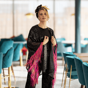 Sequin Kimono Black  with Pink Rainbow Fringe