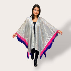 Silver Sequin Kimono with Pink and Purple Fringe