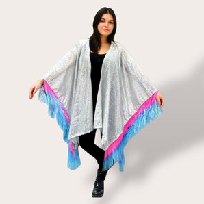 Silver Sequin Kimono with Pink and Blue Fringe