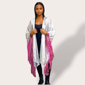 Silver Sequin Kimono with Rainbow Fringe