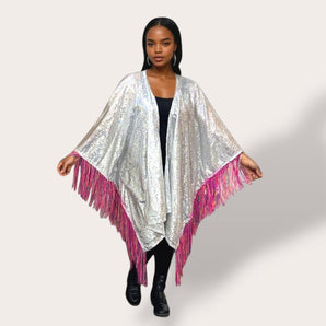 Silver Sequin Kimono with Rainbow Fringe