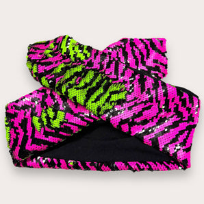 Sequin Wired Lime Green and Pink Zebra Hair Wrap