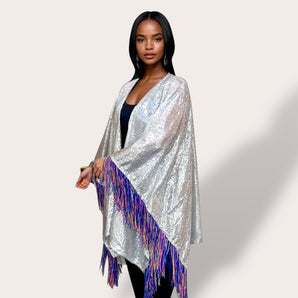 Silver Sequin Kimono with Rainbow Fringe