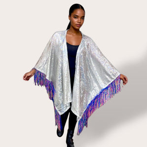 Silver Sequin Kimono with Rainbow Fringe