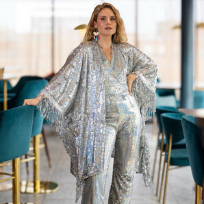 Sequin Kimono Iridescent Silver with Silver Sequin Fringe
