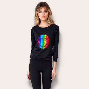 Smiley Face Sequin Embellished Black Sweat-top