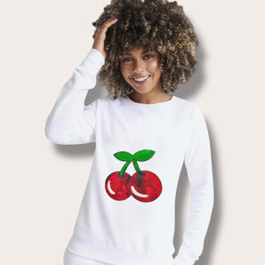 Sequin Cherry Embellished White Sweat-top