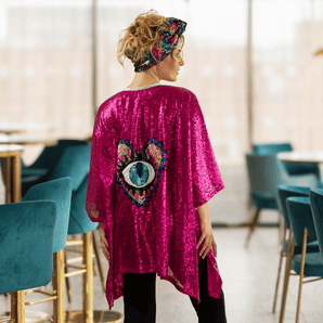 Sequin Kimono Hot Pink with Eye and Heart Appliqué