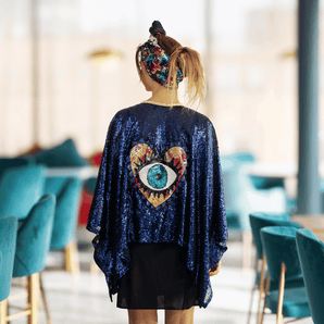 Sequin Kimono Royal Blue with Eye and Heart Appliqué