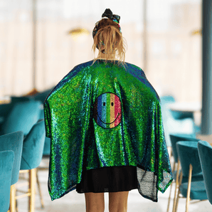Sequin Kimono Mermaid Green with Rainbow Smile Appliqué
