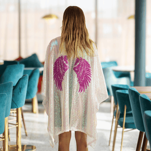 White Sequin Kimono with Pink Angel Wings Appliqué
