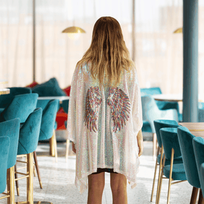 White Sequin Kimono with Rainbow Angel Wings Appliqué