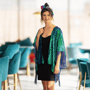 Sequin Kimono Mermaid Green with Rainbow Fringe