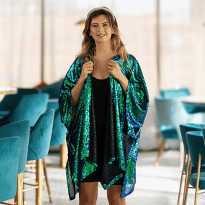 Sequin Kimono Mermaid Green with Black Angel Wings Appliqué