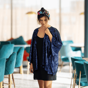 Sequin Kimono Dark Blue with Rainbow Smile Appliqué