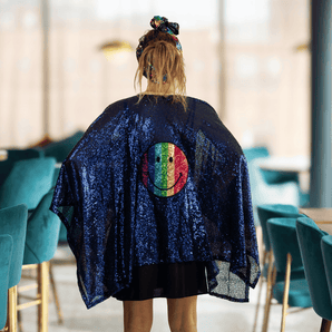 Sequin Kimono Dark Blue with Rainbow Smile Appliqué