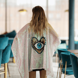 White Sequin Kimono with Heart and Eye Appliqué