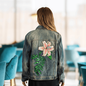 Denim Jacket with Sequin Lily Appliqué