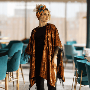 Sequin Kimono Copper with Black Fringe