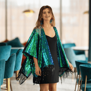 Two-Tone Green and Blue Kimono with Black Fringe