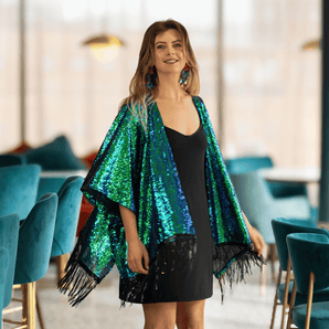 Two-Tone Green and Blue Kimono with Black Fringe