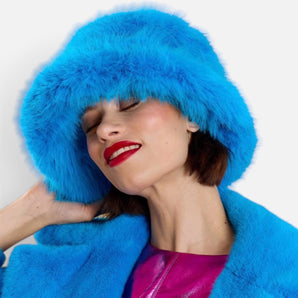 Electric Blue Bamboo Blend Faux Fur Bucket Hat