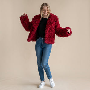 Red Shaggy Faux Fur Bamboo Blend Jacke
