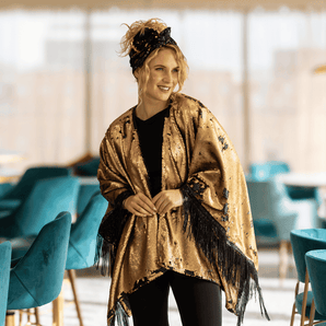 Sequin Kimono Gold and Black Two-Tone with Black Fringe