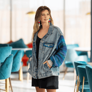 Denim Jacket with Blue Mix Knitted Sleeves