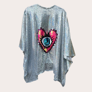 Silver Sequin Kimono with Pink eye Appliqué