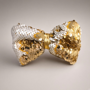 Cream and Gold Sequin Statement Hair Bow – Handmade from Offcuts