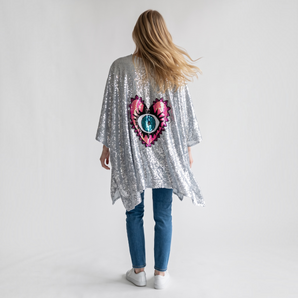 Silver Sequin Evil Eye Heart Kimono