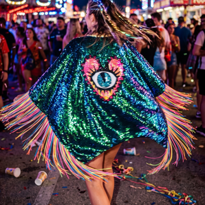 The Carnival Sequin Kimono Mermaid Green with Rainbow Fringe and the all seeing eye