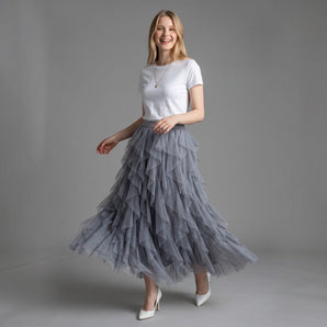 Grey Tulle Layered Skirt