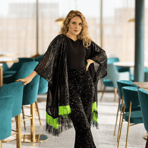 Sequin Kimono Black with Black and Green Tassel Fringe