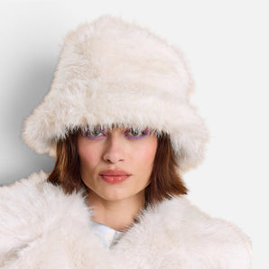 Ivory Sparkle Bamboo Blend Faux Fur Bucket Hat