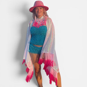 White Sequin Kimono with Ambre Pink Tassels Appliqué