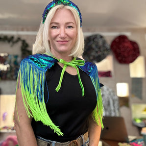 Green Sequin and Tassel Shoulder Cape