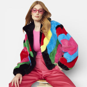 Bamboo Blend Faux Fur abstract bomber Jacket