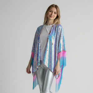 Heavy Weight Sequin Kimono Iridescent White and Pink with Pink and Blue Fringe