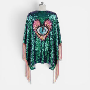 The Carnival Sequin Kimono Mermaid Green with Rainbow Fringe and the all seeing eye