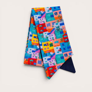 Colourful Mediterranean Village Hair Wrap | Handmade Cotton Head Scarf | Holiday Hair Accessory