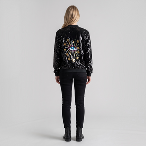 Black Sequin Evil Eye Bomber Jacket