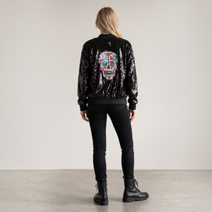 Black Sequin Sugar Skull Bomber Jacket