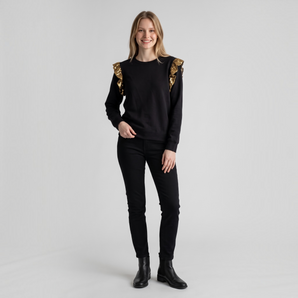 Black hand embellished sweat top with gold sequin ruffle shoulder detail