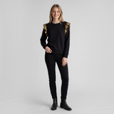 Black hand embellished sweat top with gold sequin ruffle shoulder detail