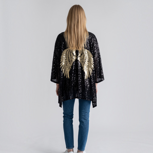 Black Sequin Gold Angel Wings Kimono