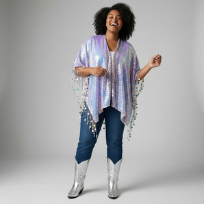 Heavyweight Sequin Kimono Iridescent White and Pink with large iridescent sequin tassels