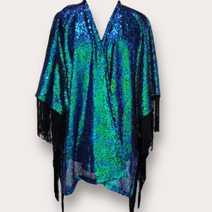 Sequin Kimono Mermaid Green with Black Fringing